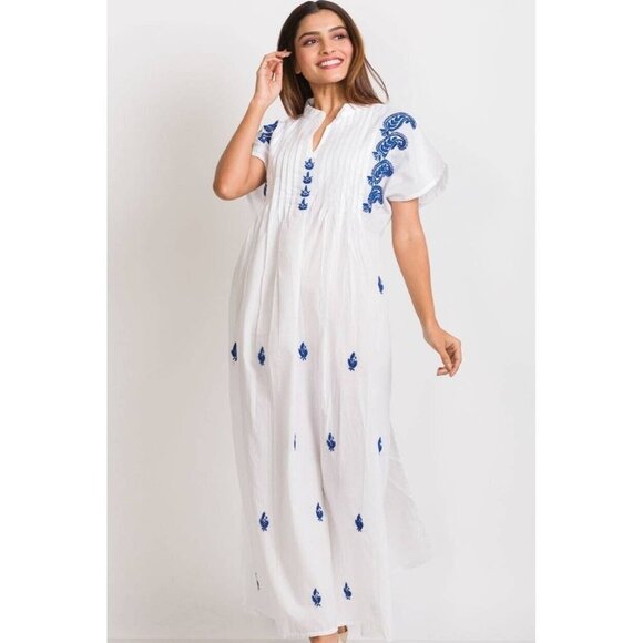 Sevya Maxidress CoverUp Saguna Blue Embroidered Caftan Handmade & Fair T… - Picture 1 of 5